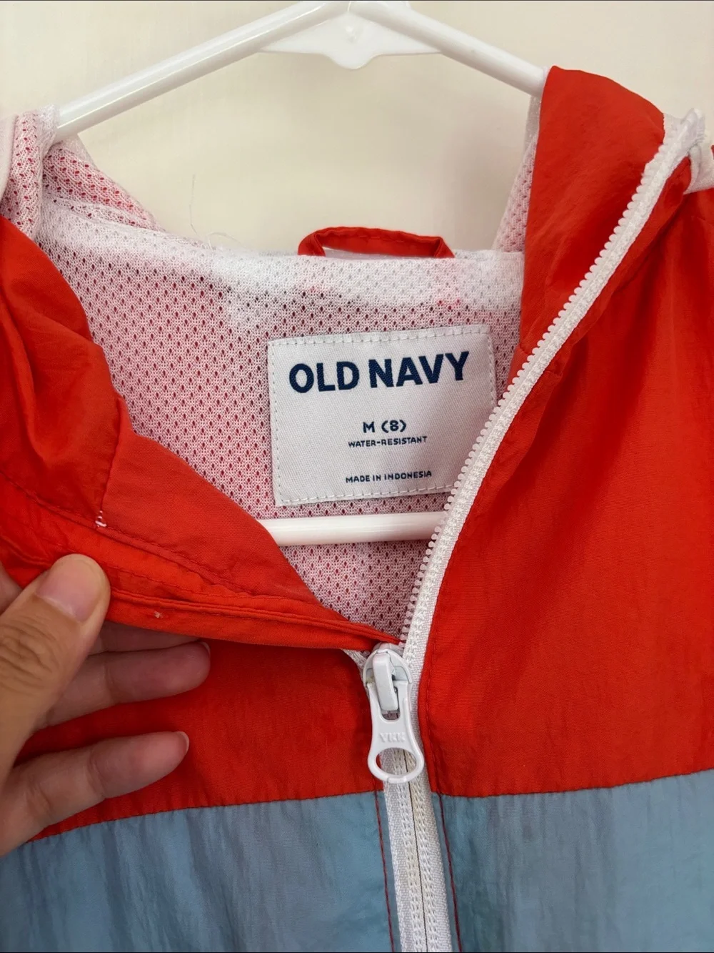 Old Navy Kids Colorblock Hooded Windbreaker - Red/Light Blue/White
